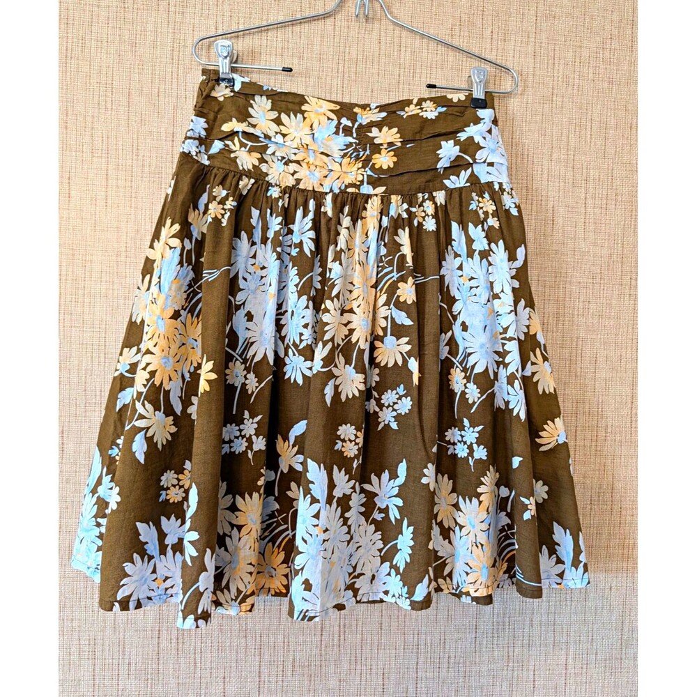 Esprit Vintage Brown Blue White Floral A-Line Pleated Zip Knee Skirt Size 6